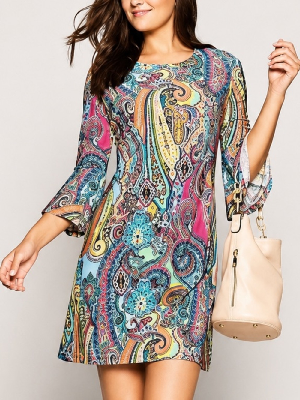 Tommy Hilfiger Paisley Print Bell Sleeve Shift Mini Dress Retro Stretch Jersey